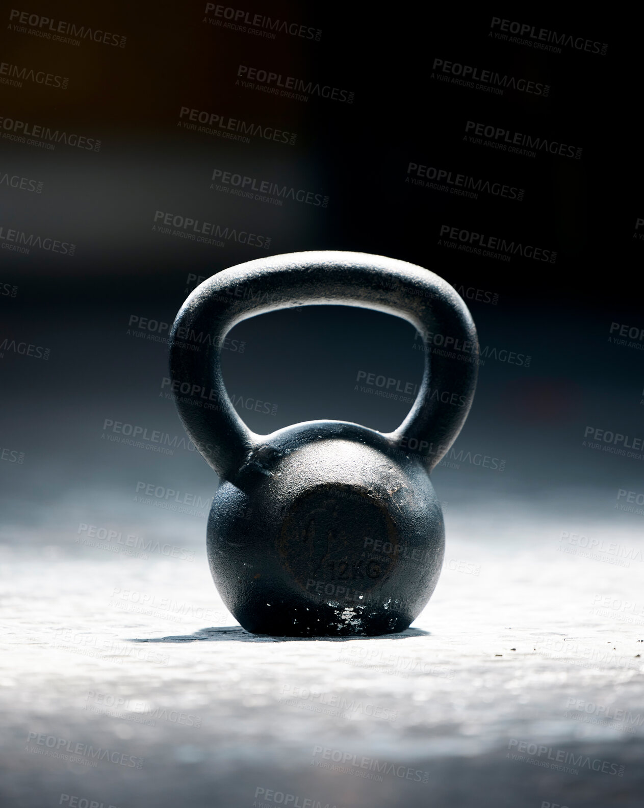 Buy stock photo Fitness, motivation or kettlebell at a gym with mockup space for strength training, exercise or workout. Zoom, metal equipment or heavy weight for strong muscle development or growth in health club