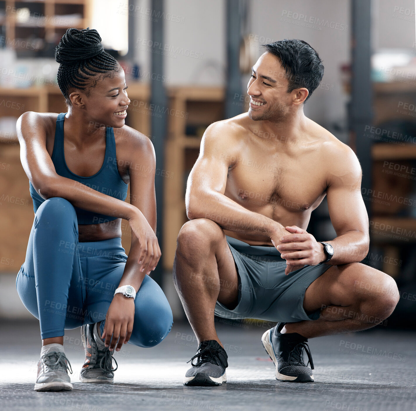 Buy stock photo Fitness, happy or black woman with coach at gym to start training, exercise or body workout. Team partnership, personal trainer or African client with pride in health club for exercising activity