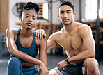 Portrait, fitness or black woman with coach training body goals in workout or exercise with teamwork. Leadership, partnership or healthy sports friends with growth mindset, motivation or focus at gym