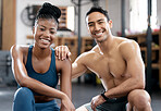 Portrait, fitness or happy black woman with coach training body goals in workout or exercise with teamwork. Personal trainer, partnership or healthy sports friends with growth mindset or goals at gym