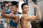 Portrait, black woman or coach flexing muscle or body goals in training or fitness exercise at gym. Coaching results, happy friends or healthy sports athletes with strong biceps, motivation or focus