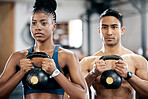 Fitness, kettlebell or couple of friends at gym strength training, exercise or workout at gym together. Team partnership, teamwork or healthy sports athletes with power, motivation or focus at gym 