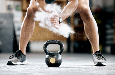 Buy stock photo Fitness, powder or hands with a kettlebell for training, workout or exercise with chalk dust for grip strength. Bodybuilder, mindset or healthy athlete with a heavy weight, motivation or focus at gym