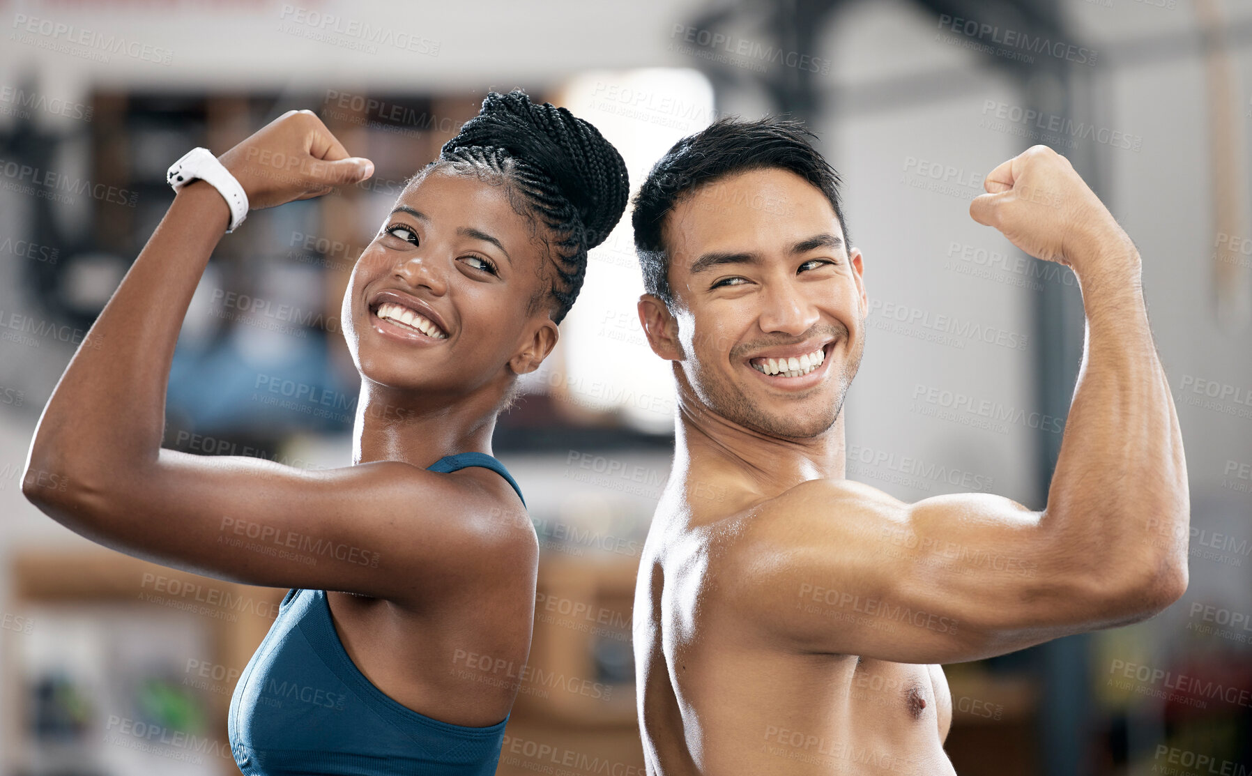 Buy stock photo Fitness, black woman or couple of friends flexing muscles for body goals in training, workout or exercise. Coaching results, teamwork or sports athletes with strong biceps, motivation or focus at gym