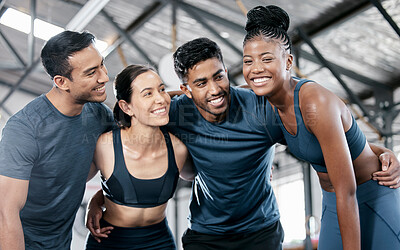 Buy stock photo Diversity, fitness and team with smile for exercise, workout or training together at the indoor gym. Happy diverse group of people in sports teamwork, huddle or hug smiling for healthy exercising
