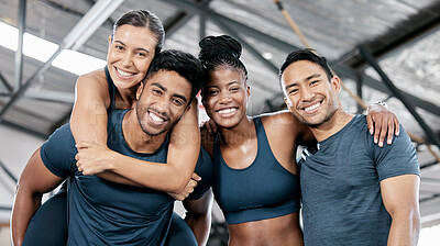 Buy stock photo Fitness, happy and portrait of friends in gym for teamwork, support and workout. Motivation, coaching and health with group of people training in sports center for cardio, exercise and wellness