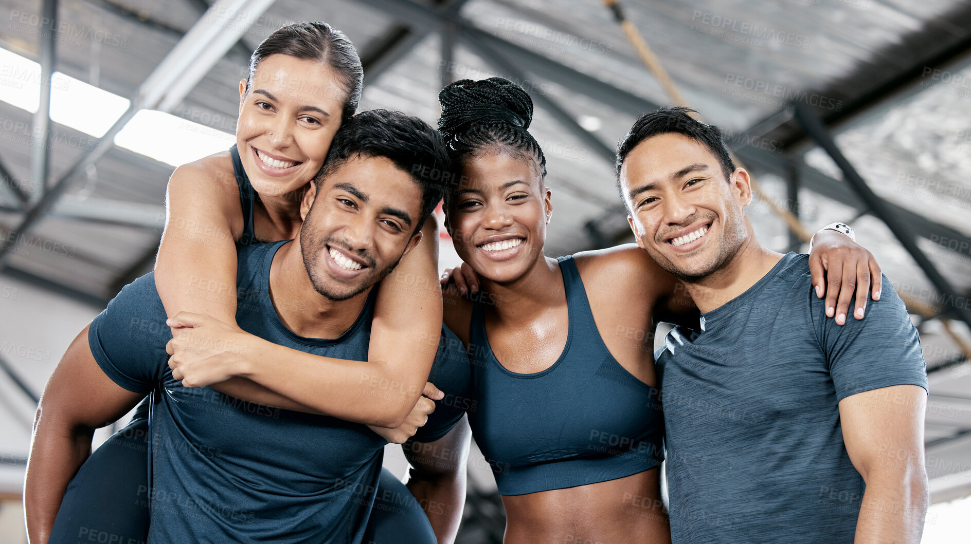 Buy stock photo Fitness, happy and portrait of friends in gym for teamwork, support and workout. Motivation, coaching and health with group of people training in sports center for cardio, exercise and wellness