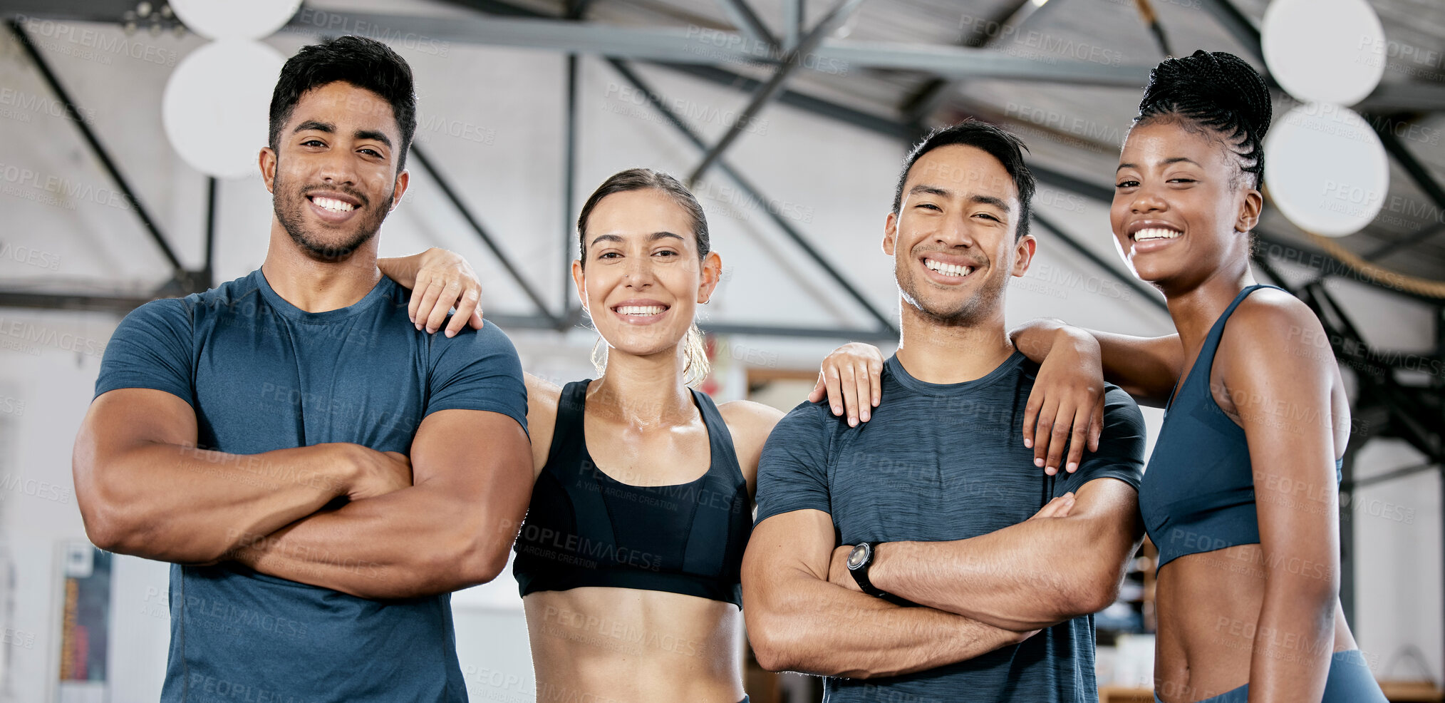 Buy stock photo Fitness smile and portrait of friends in gym for teamwork, support and workout. Motivation, coaching and health with people training in sports center for cardio, endurance and wellness challenge