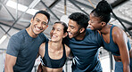 Diversity, fitness and team collaboration for exercise, workout or training together at a indoor gym. Happy diverse group of people with smile in sports teamwork, huddle or hug for healthy exercising