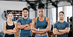 Fitness, diversity and portrait of people in gym for teamwork, support and workout. Motivation, coaching and health with friends training in sports center for cardio, endurance and. challenge