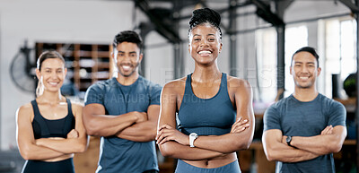 Buy stock photo Fitness, portrait and woman personal trainer with a team standing with crossed arms in the gym. Sports, collaboration and happy people after exercise, workout or training class in sport studio.