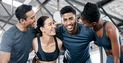 Buy stock photo Diversity, fitness and team building for exercise, workout or training together at the indoor gym. Happy diverse group of people smile in sports teamwork, huddle or hug for healthy exercising support