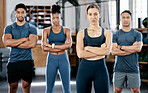 Fitness, diversity and portrait of people in gym for teamwork, support and workout. Motivation, coaching and health with friends training in sports center for cardio, endurance and wellness challenge
