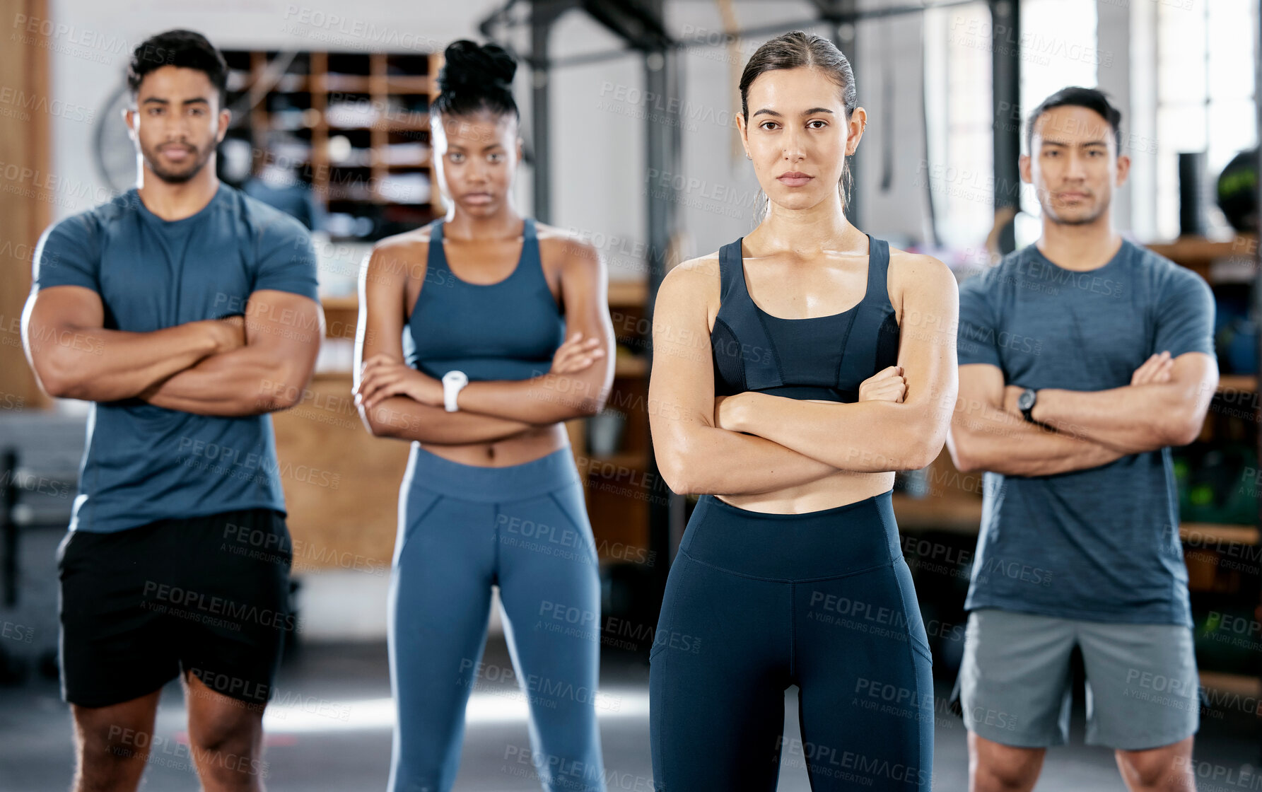 Buy stock photo Fitness, diversity and portrait of people in gym for teamwork, support and workout. Motivation, coaching and health with friends training in sports center for cardio, endurance and wellness challenge