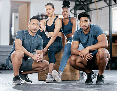 Buy stock photo Fitness, diversity and portrait of people in gym for teamwork, support and workout. Motivation, coaching and health with friends training in sports center for cardio, endurance and wellness challenge