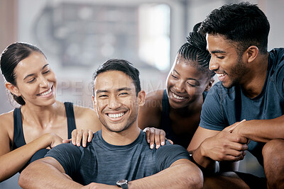 Buy stock photo Fitness people, diversity and friends workout together, happy in portrait with motivation, team and exercise. Solidarity, support and success, health and wellness lifestyle with healthy group in gym
