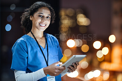 Buy stock photo Tablet, city and portrait of a doctor working at night on the rooftop of the hospital building in city. Medical, lights and woman healthcare worker working late on mobile device on balcony of clinic.