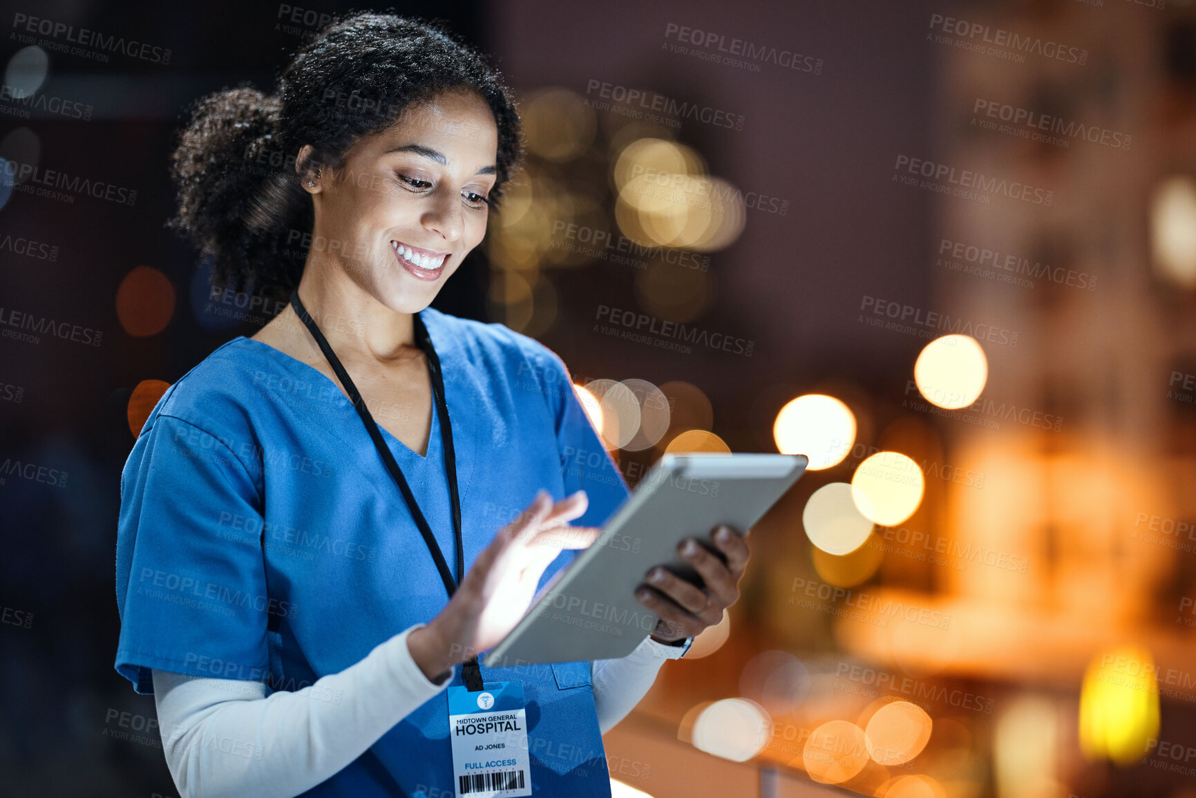 Buy stock photo Medical, research and night with doctor and tablet for planning, medicine and schedule. Technology, review and digital with black woman reading report for healthcare, science and life insurance news