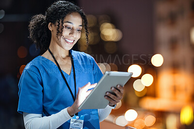 Buy stock photo Medical, research and night with doctor and tablet for planning, medicine and schedule. Technology, review and digital with black woman reading report for healthcare, science and life insurance news