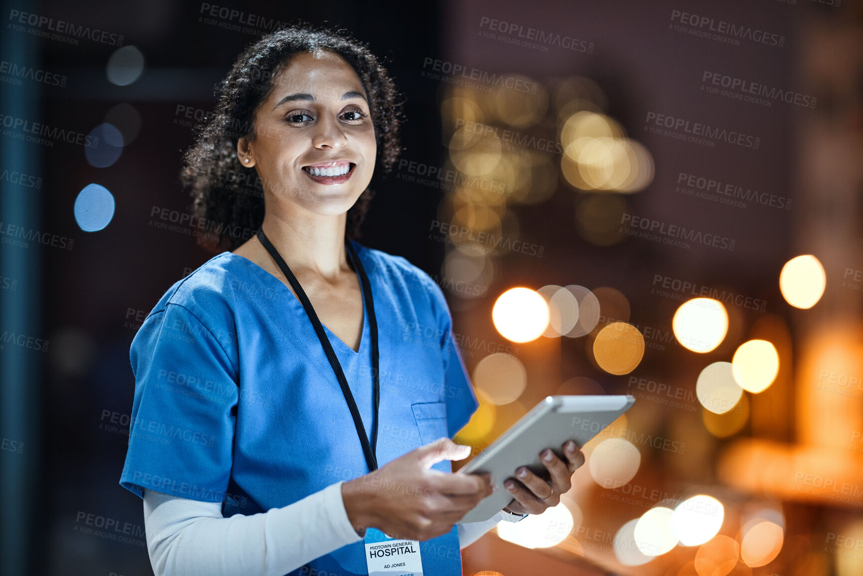 Buy stock photo Tablet, city and portrait of a woman doctor doing research at night on rooftop of hospital building. Medical, lights and female healthcare worker working late on mobile device on balcony of clinic.