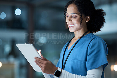 Buy stock photo Tablet, medical nurse and black woman in hospital working on telehealth, research or online consultation. Bokeh, healthcare and female physician with technology for wellness app in clinic at night.