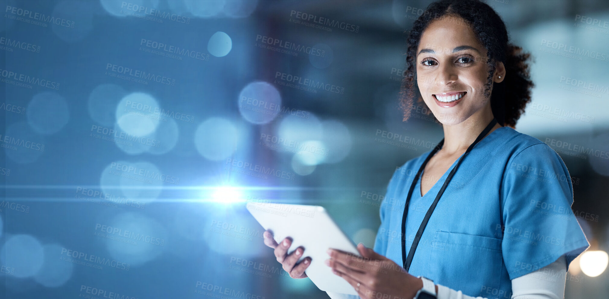 Buy stock photo Portrait, nurse or digital tablet and copy space, mockup or bokeh mock up for night planning, medical research or schedule. Smile, happy woman or doctor on hospital, healthcare or wellness technology