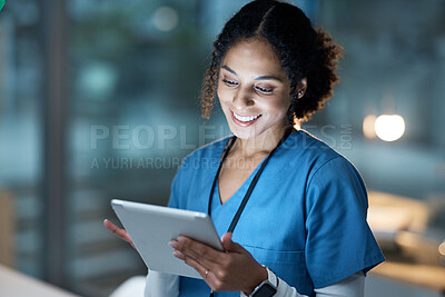 Buy stock photo Nurse, medical tablet and black woman in hospital working late on telehealth, research or online consultation. Tech, healthcare or female physician with technology for wellness app in clinic at night