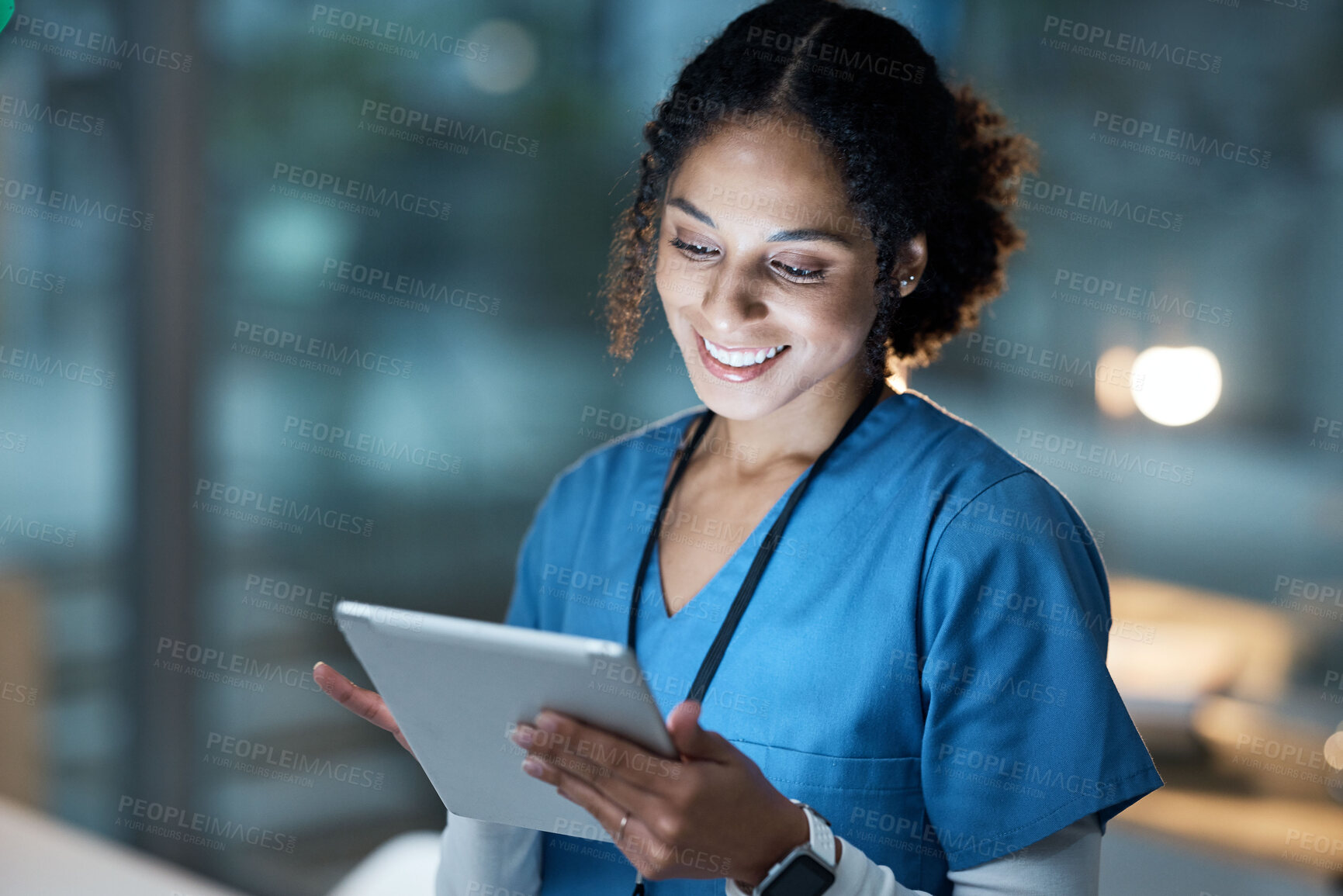 Buy stock photo Nurse, medical tablet and black woman in hospital working late on telehealth, research or online consultation. Tech, healthcare or female physician with technology for wellness app in clinic at night