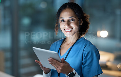 Buy stock photo Nurse portrait, tablet and black woman in hospital working on telehealth, research or online consultation. Face, healthcare and female physician with technology for wellness app in clinic at night.