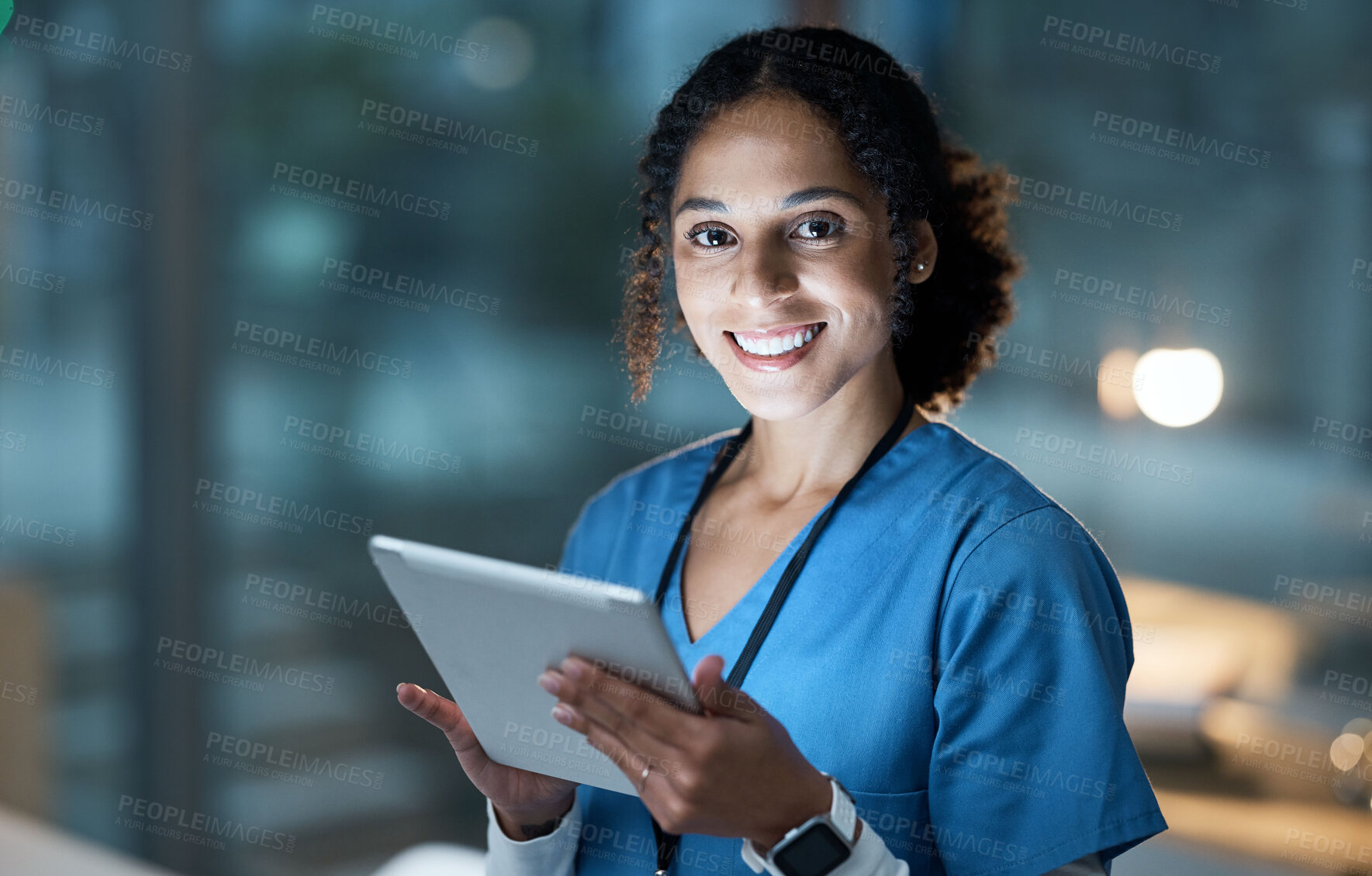 Buy stock photo Nurse portrait, tablet and black woman in hospital working on telehealth, research or online consultation. Face, healthcare and female physician with technology for wellness app in clinic at night.