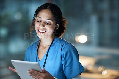 Buy stock photo Medical, research and night with doctor and tablet for planning, medicine and schedule. Technology, review and digital with black woman reading report for healthcare, science and life insurance news