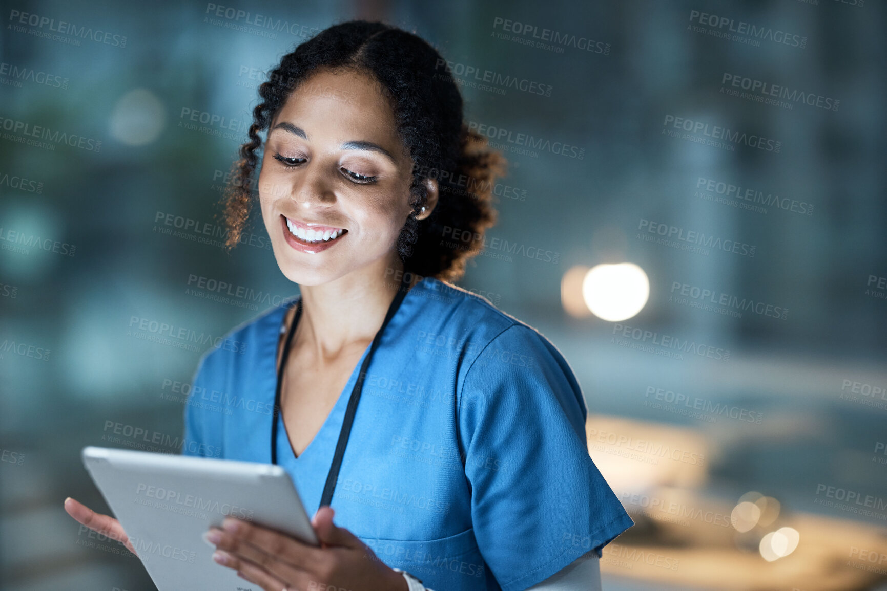 Buy stock photo Medical, research and night with doctor and tablet for planning, medicine and schedule. Technology, review and digital with black woman reading report for healthcare, science and life insurance news