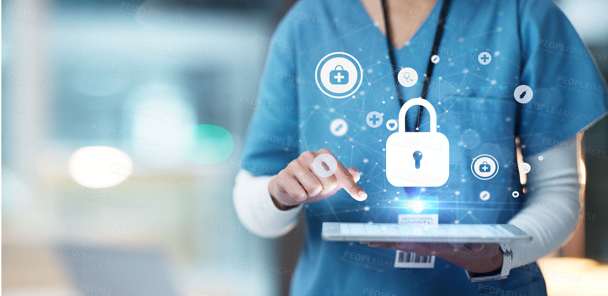 Buy stock photo Medical cybersecurity, tablet and hands of doctor, surgeon or nurse with virtual hologram for database lock. Mockup hospital, life insurance and woman with digital archive biometric for info safety