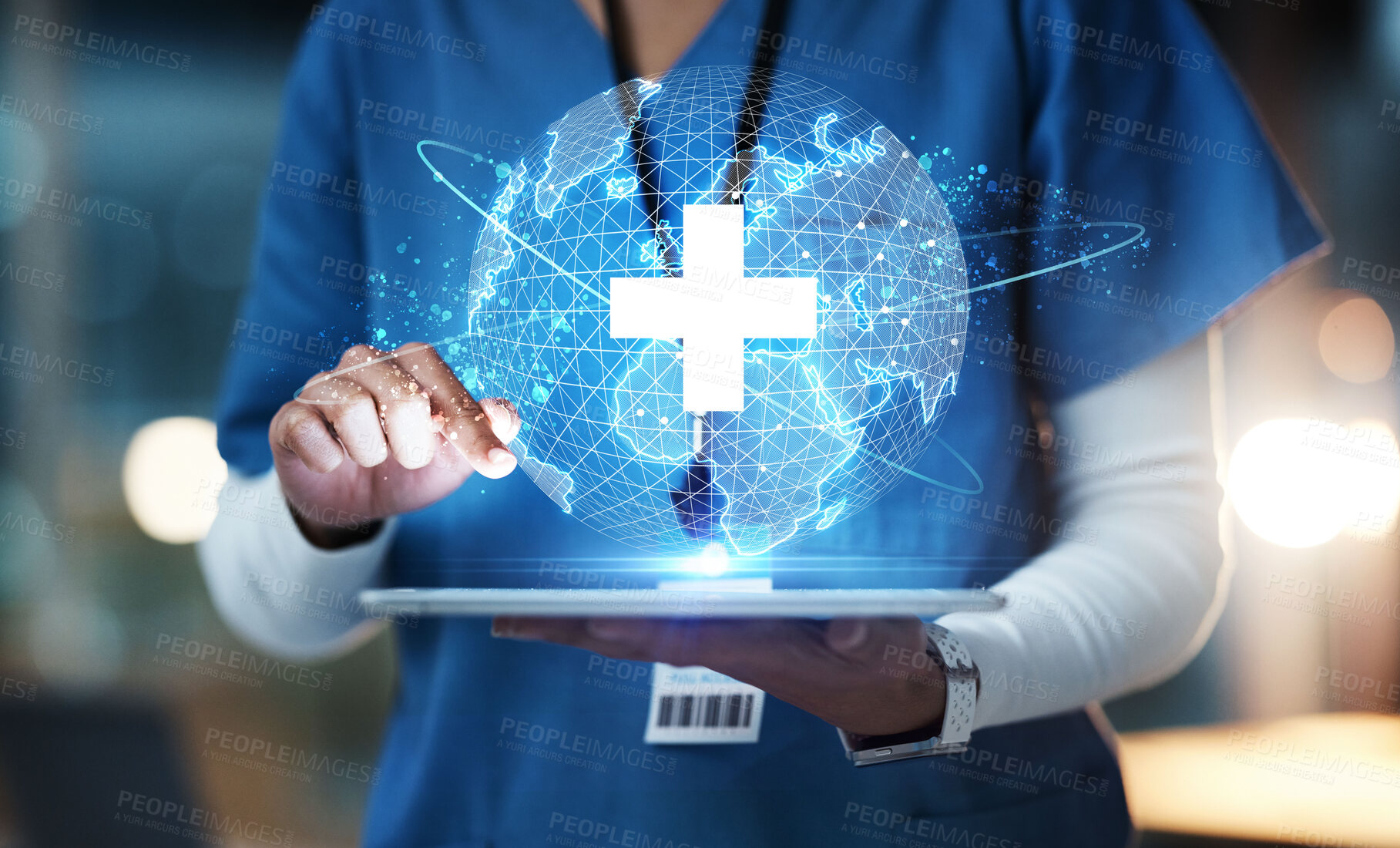 Buy stock photo Nurse, hands or technology for 3d globe networking, healthcare community or digital help in life insurance support. Zoom, medical or futuristic world for global hospital, woman or doctor on tablet ux