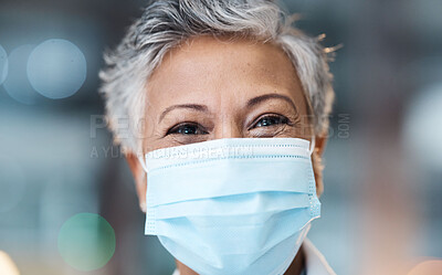 Buy stock photo Senior woman, face mask and health with Covid, safety from virus and doctor in PPE healthcare mockup. Medicine portrait, medical professional and bokeh overlay, surgery and protection from corona