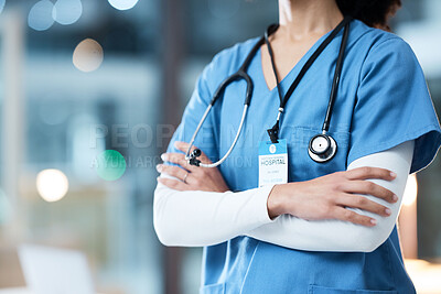 Buy stock photo Woman arms crossed, doctor and night in hospital, workplace and medical career vision on nightshift. Confident healthcare expert, dark clinic and focus goal with hands, safety and help for emergency