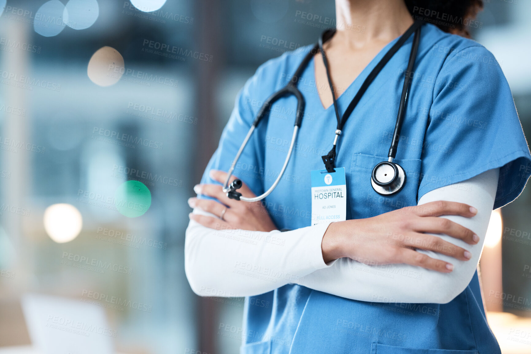 Buy stock photo Woman arms crossed, doctor and night in hospital, workplace and medical career vision on nightshift. Confident healthcare expert, dark clinic and focus goal with hands, safety and help for emergency