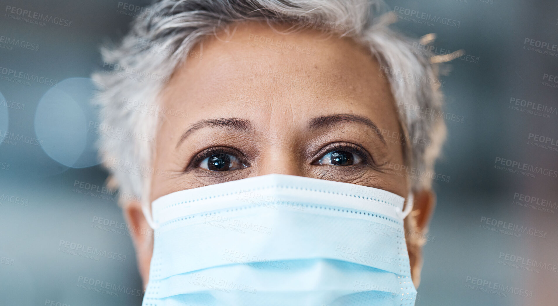 Buy stock photo Elderly woman, face mask and healthcare with Covid, safety from virus and PPE health portrait. Medicine, medical compliance or policy with wellness, bokeh and surgery with protection from bacteria