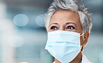 Elderly woman, face mask and health with Covid, safety from virus and doctor in PPE with healthcare mockup. Medicine, wellness and medical professional with bokeh overlay, surgery and protection