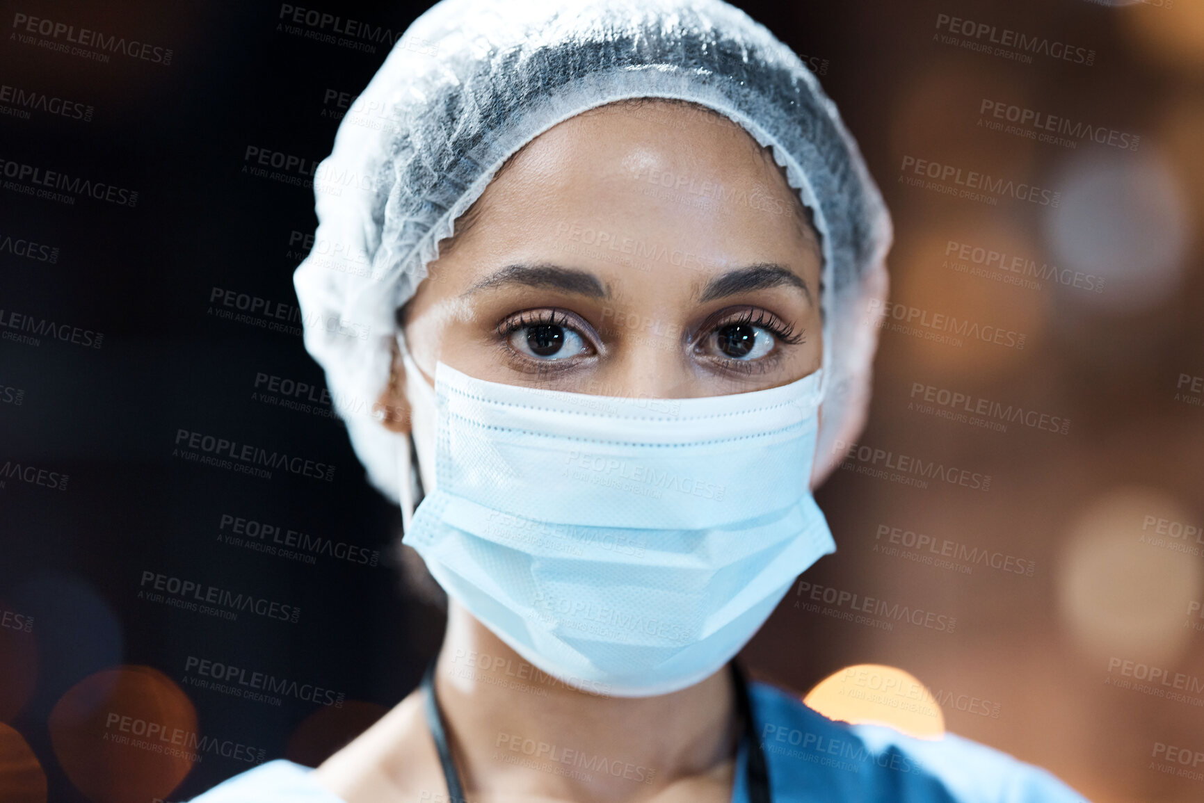 Buy stock photo Woman, doctor and portrait with face mask in night at workplace, hospital and career vision on nightshift by window. Healthcare expert, dark clinic and focus goal with ppe, safety and stop covid 19