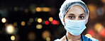 Woman, doctor and portrait with face mask with space in night, hospital workplace, and career vision by window. Healthcare expert, dark clinic mockup and focus goal with ppe, safety and stop covid 19