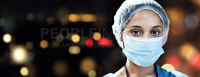 Buy stock photo Woman, doctor and portrait with face mask with space in night, hospital workplace or career vision in surgery. Healthcare expert, dark clinic mockup or focus goal with ppe safety, surgeon and hairnet