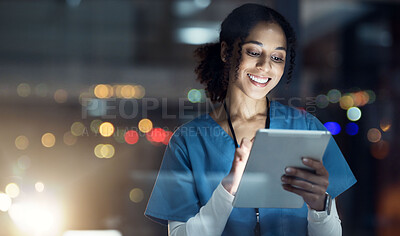 Buy stock photo Medical, research and night with doctor and tablet for planning, medicine and schedule. Technology, review and digital with black woman reading report for healthcare, science and life insurance news