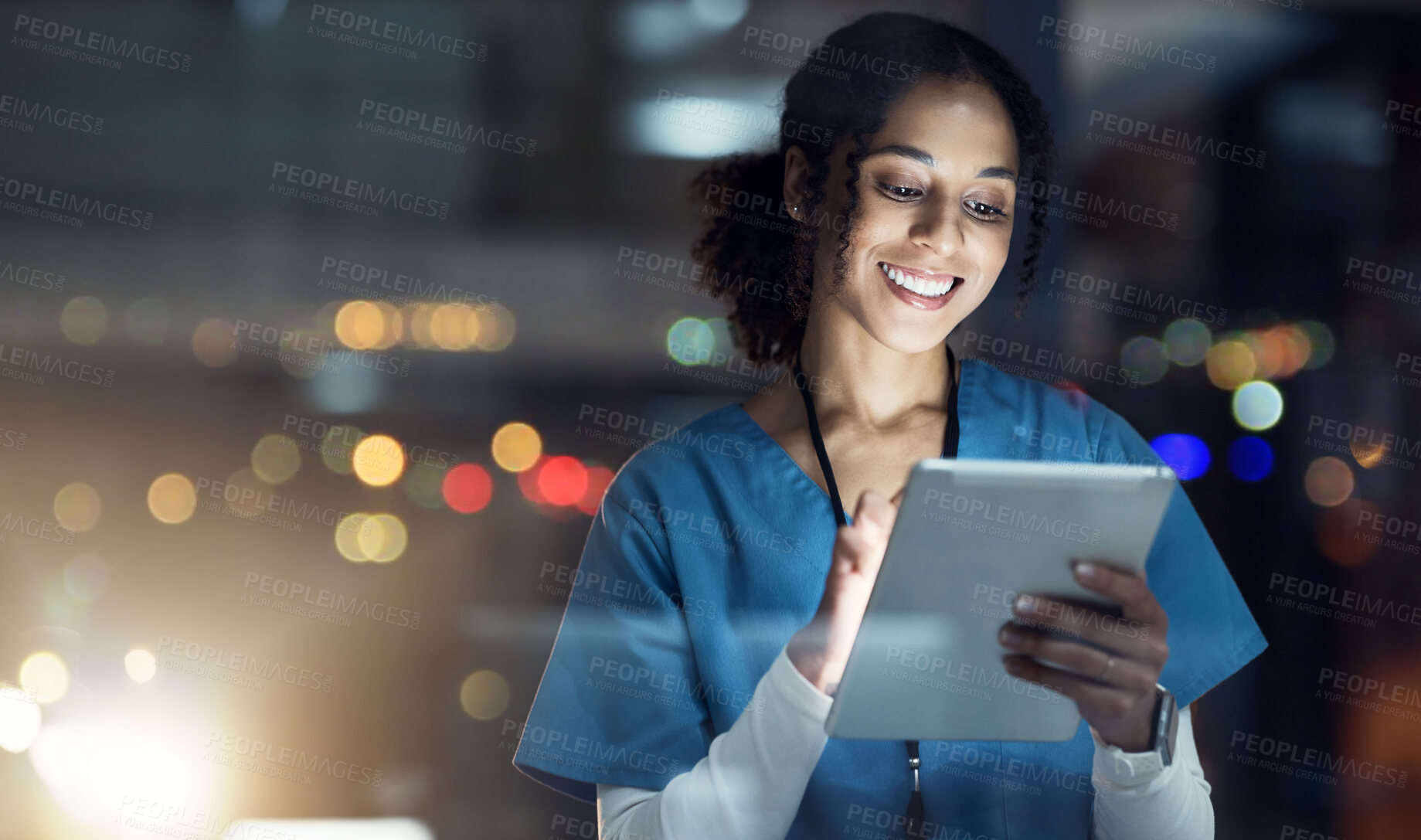 Buy stock photo Medical, research and night with doctor and tablet for planning, medicine and schedule. Technology, review and digital with black woman reading report for healthcare, science and life insurance news