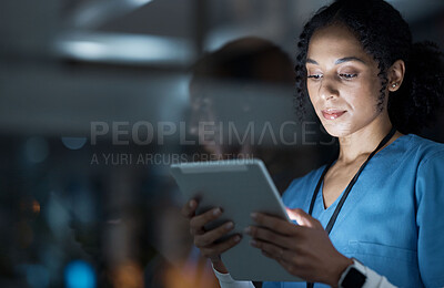 Buy stock photo Medical, research and night with doctor and tablet for planning, medicine and schedule. Technology, review and digital with black woman reading report for healthcare, science and life insurance news