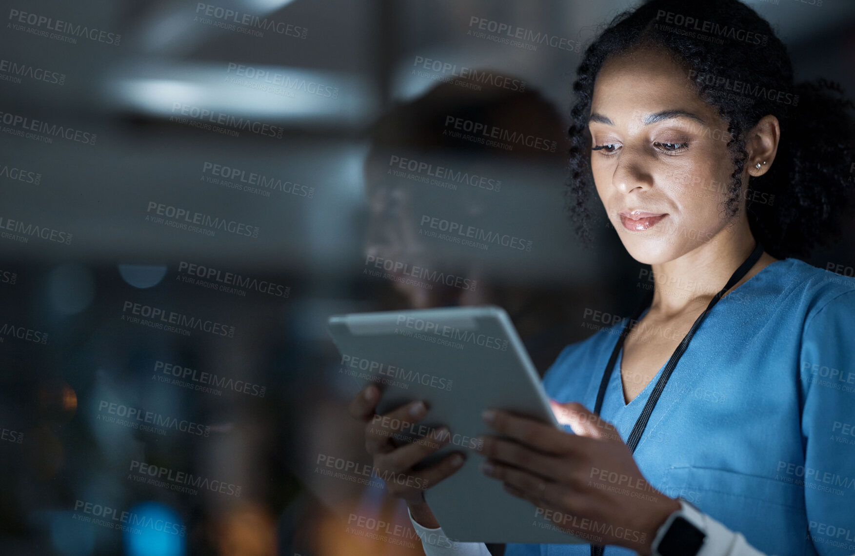 Buy stock photo Medical, research and night with doctor and tablet for planning, medicine and schedule. Technology, review and digital with black woman reading report for healthcare, science and life insurance news