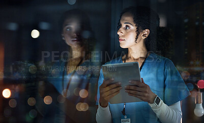 Buy stock photo Medical, thinking and night with doctor and tablet for planning, medicine and schedule. Technology, review and digital with black woman reading report for healthcare, science and life insurance news