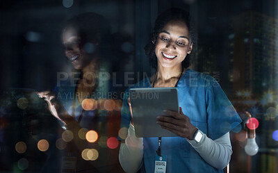 Buy stock photo Medical, research and night with doctor and tablet for planning, medicine and schedule. Technology, review and digital with black woman reading report for healthcare, science and life insurance news