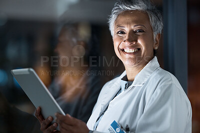 Buy stock photo Medical, night and portrait of doctor and tablet for planning, medicine and schedule. Technology, review and digital with senior woman reading report for healthcare, science and life insurance news