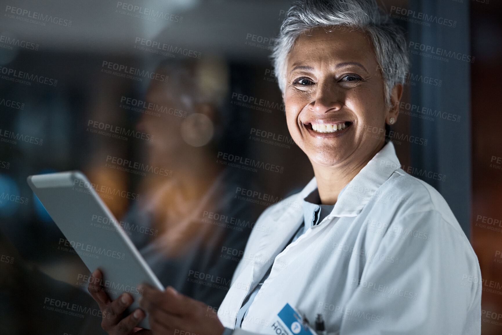 Buy stock photo Medical, night and portrait of doctor and tablet for planning, medicine and schedule. Technology, review and digital with senior woman reading report for healthcare, science and life insurance news